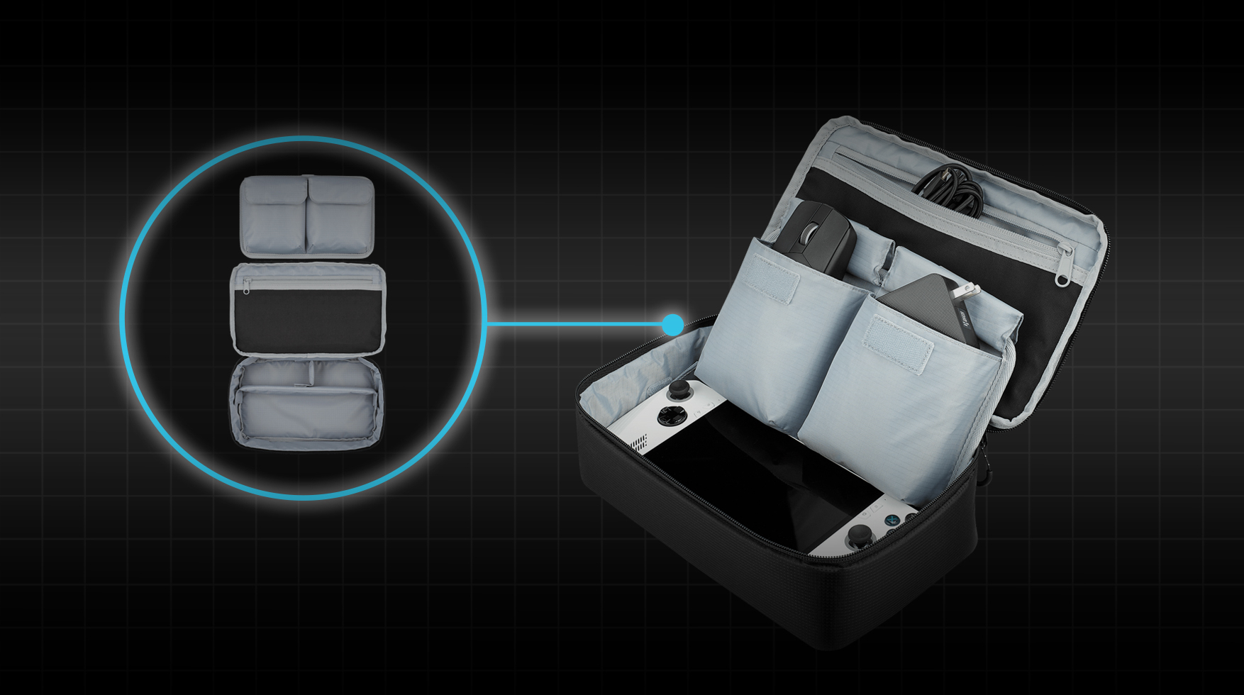 la pochette de transport comprend un organiseur de câbles et deux séparateurs Velcr