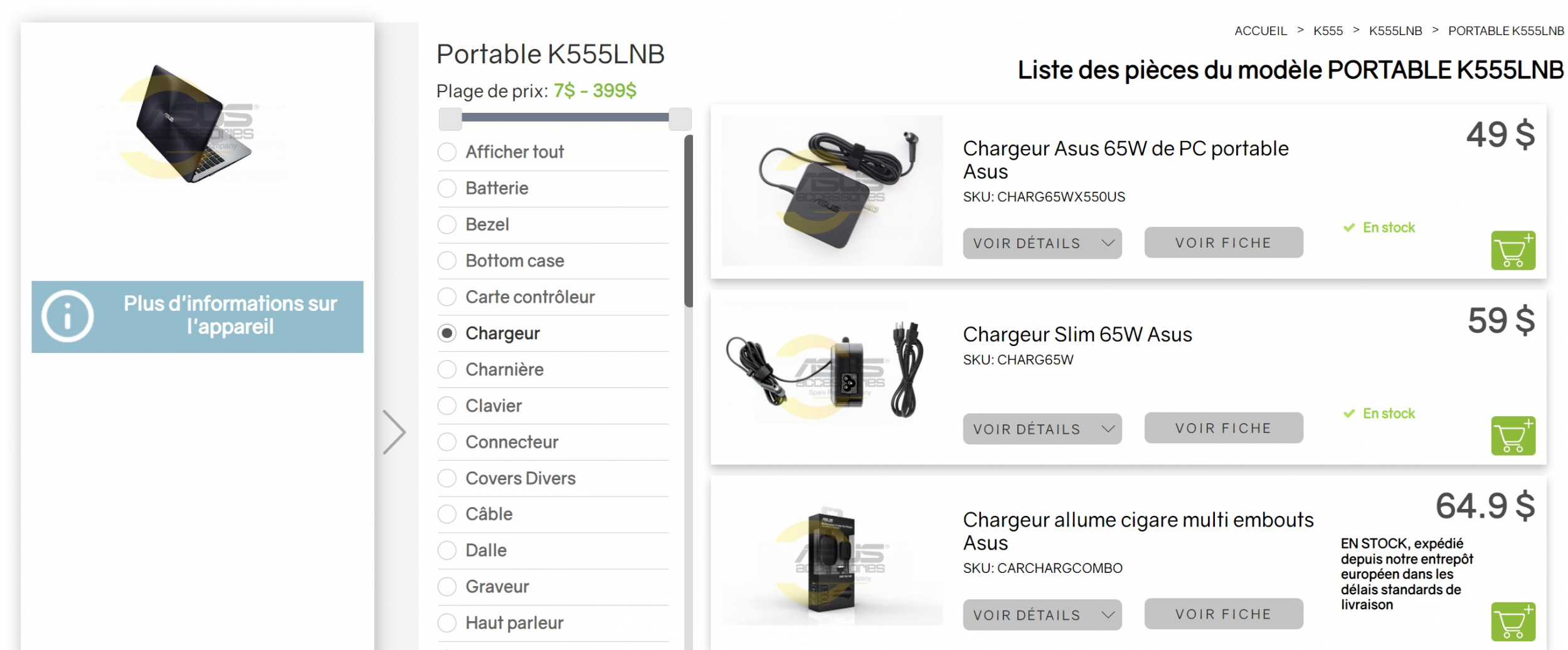 Liste des chargeurs Asus compatibles avec PC portable K555LNB