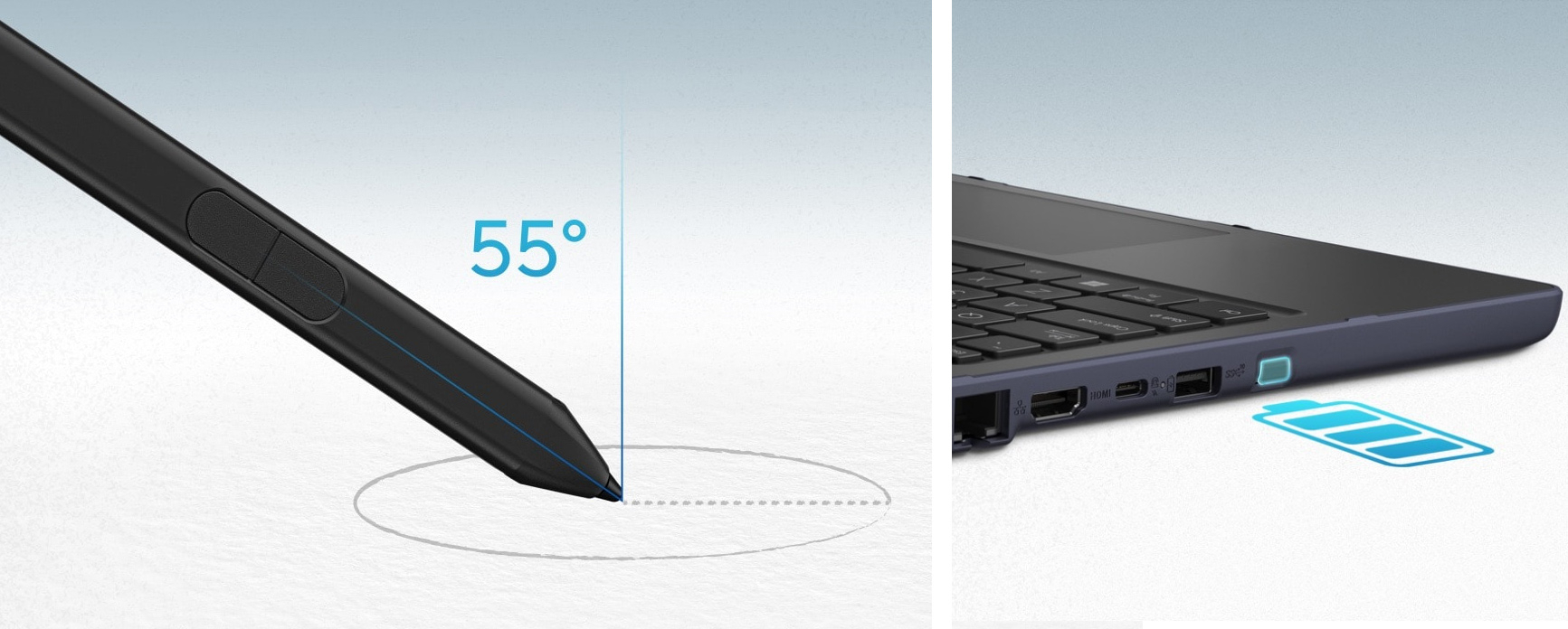 ce stylet polyvalent fonctionne à des angles allant jusqu'à 55°